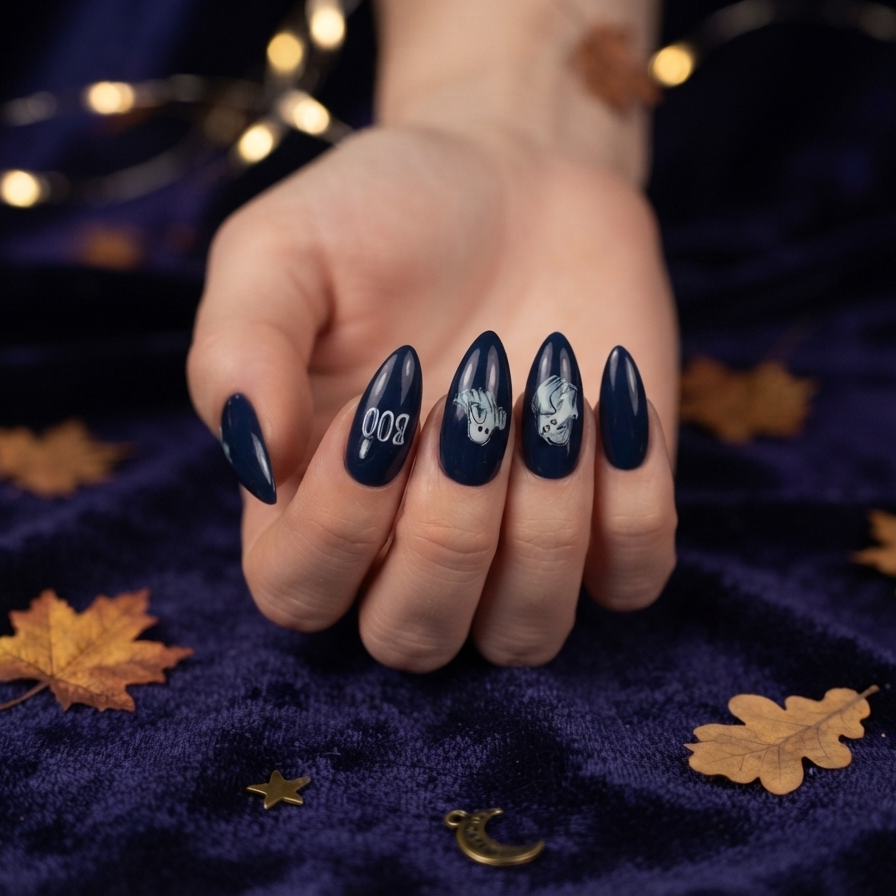 A hand with long almond-shaped nails painted in dark navy blue, decorated with white skull and moon designs and the word 'Halloween' on the middle finger, posed over a dark purple velvet fabric with scattered gold leaves and fairy lights.