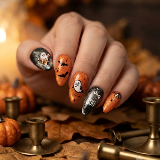 A hand with Halloween-themed nail art featuring orange, black, and white designs, posed among autumn leaves, small pumpkins, and brass candlesticks.