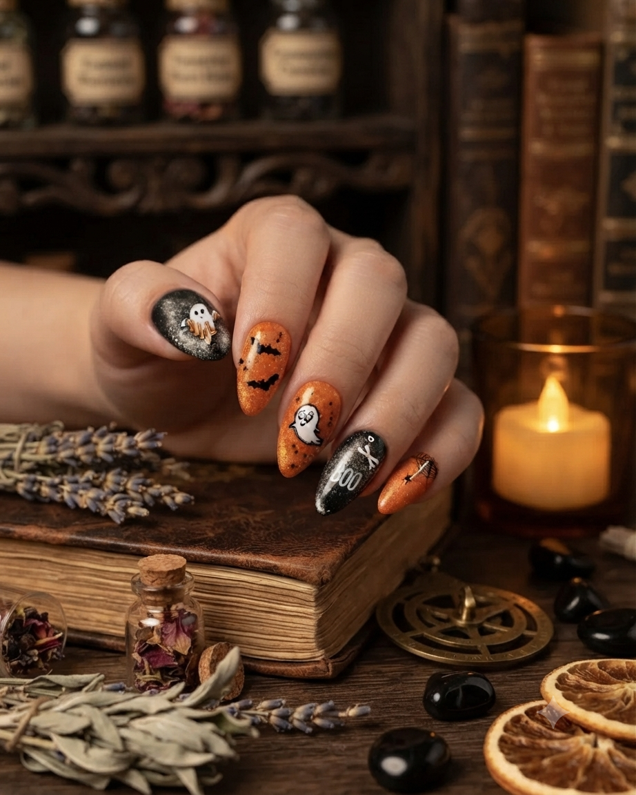A hand with Halloween-themed nail art featuring orange nails with black bats and white ghosts, alongside silver glittery nails with spider designs, posed over an old book with candles and dried botanicals in the background.