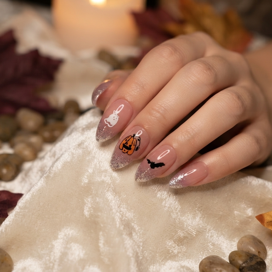 A close-up of a hand with decorated fingernails resting on a cream fabric surrounded by autumn leaves, pebbles, and a blurred candle. The nail art features glittery nude bases with white cat silhouettes, an orange jack-o'-lantern, and a black bat.