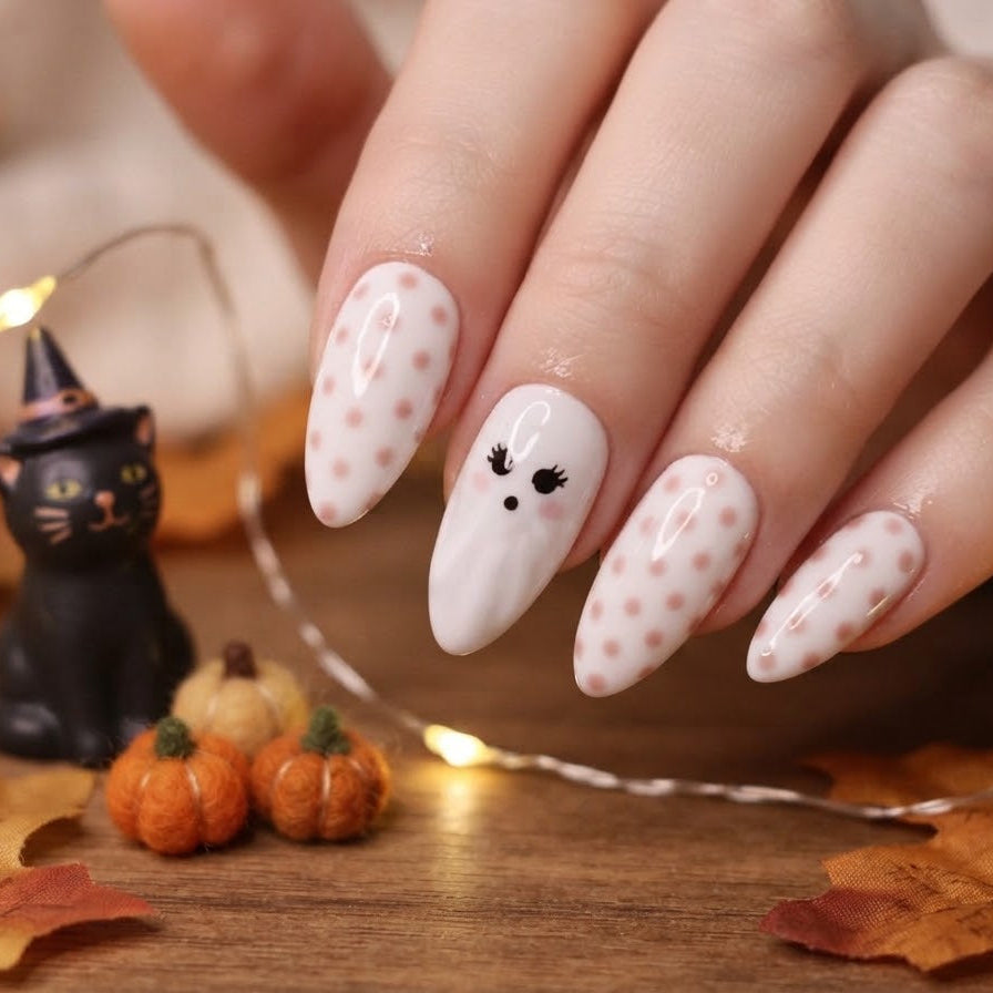 A close-up of a hand with long almond-shaped nails decorated in a white Halloween-themed nail art design, featuring pink polka dots and a ghost face on one nail, styled with autumn leaves, small pumpkins, and a black cat figurine.