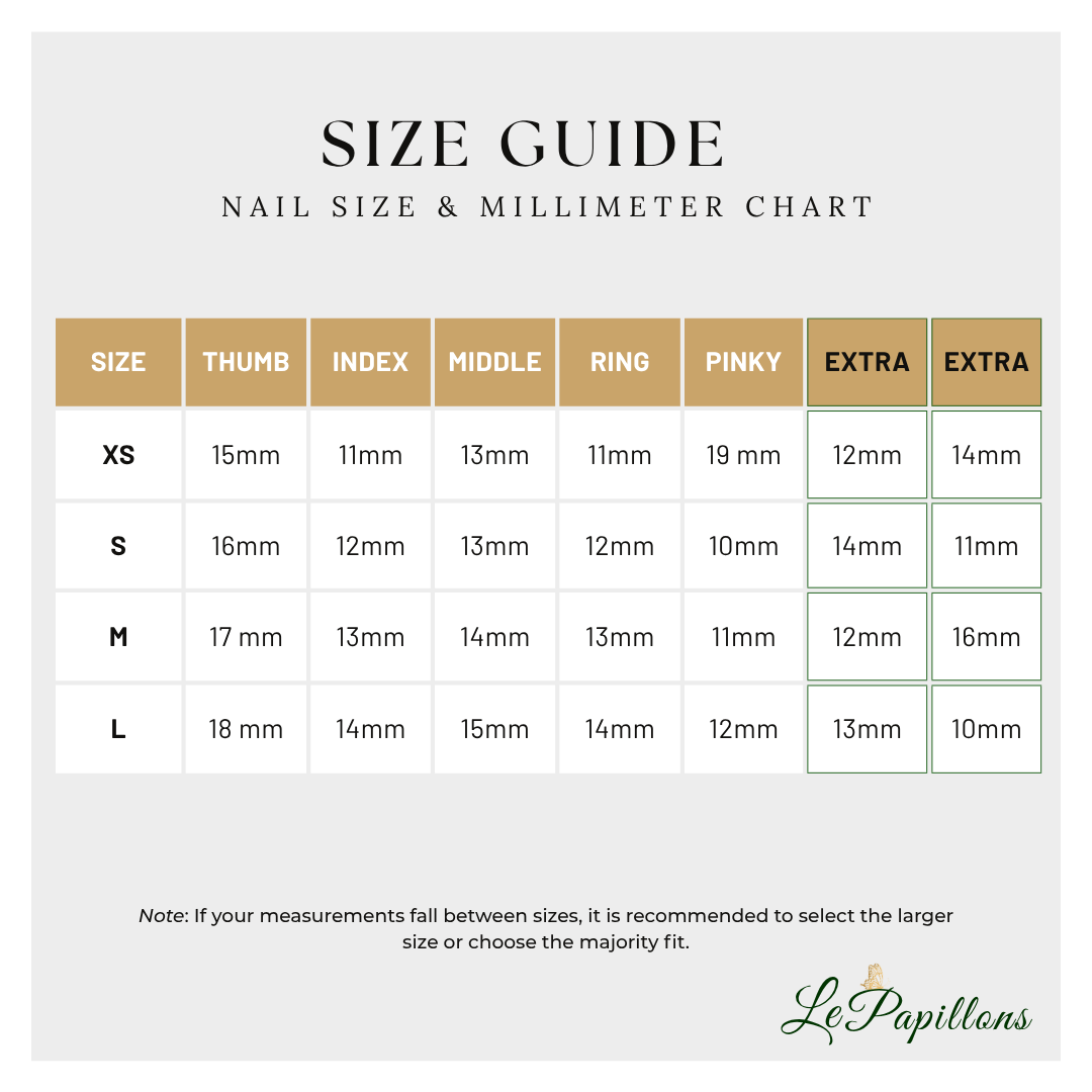 A nail size and millimeter chart graphic titled 'SIZE GUIDE' with columns for thumb, index, middle, ring, pinky, and extra sizes across XS, S, M, and L sizes, plus a LePapillons logo at the bottom.