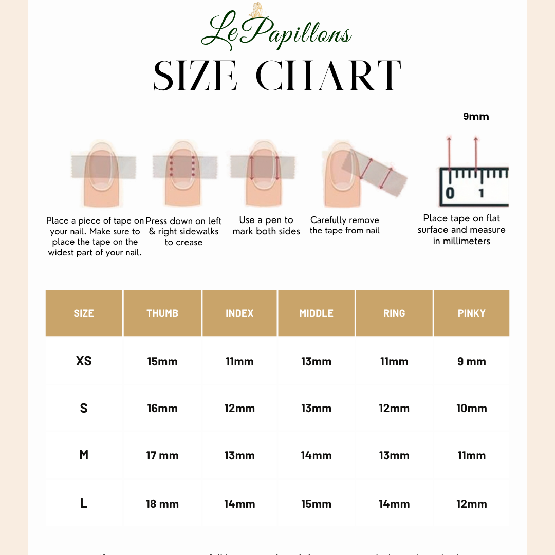 A size chart graphic for LePapillons nail wraps, showing step-by-step tape placement on fingers, a 9mm ruler reference, and a size table from XS to L with millimeter measurements.